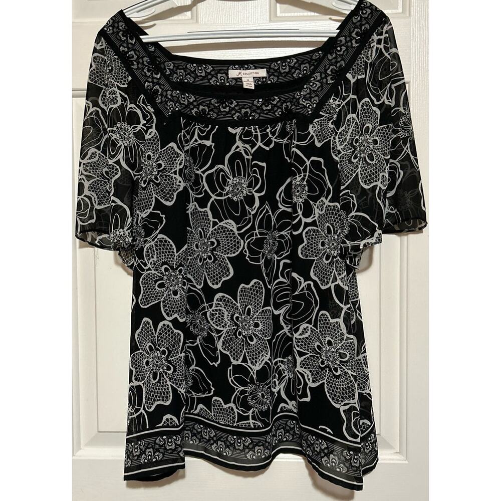JM Collection Embellished Square Neckline Floral Black White‎ Blouse Size 18